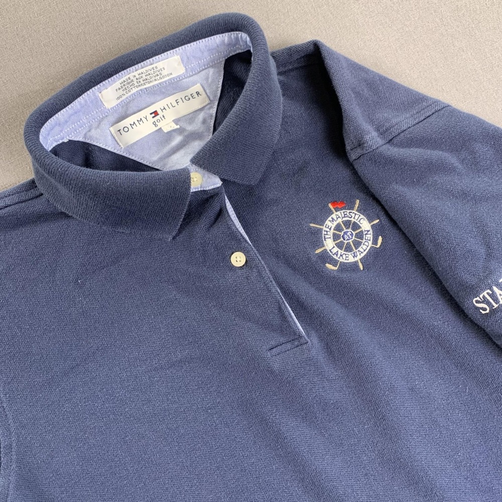 Tommy Hilfiger Golf Polo Shirt Mens LG Navy Blue Embroidered Staff Lake Walden